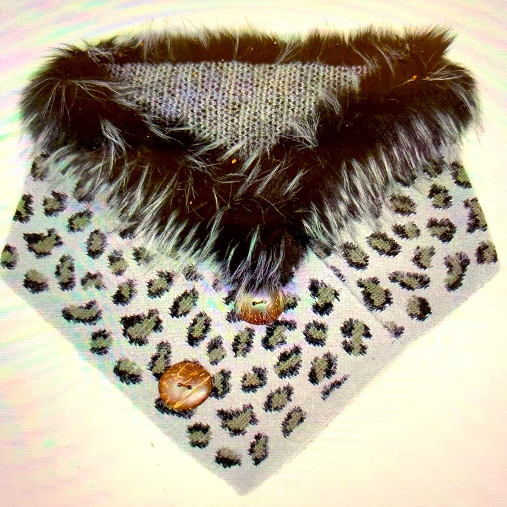 Leopard Faux Fur Chenille Triangle Scarf with Button Detail